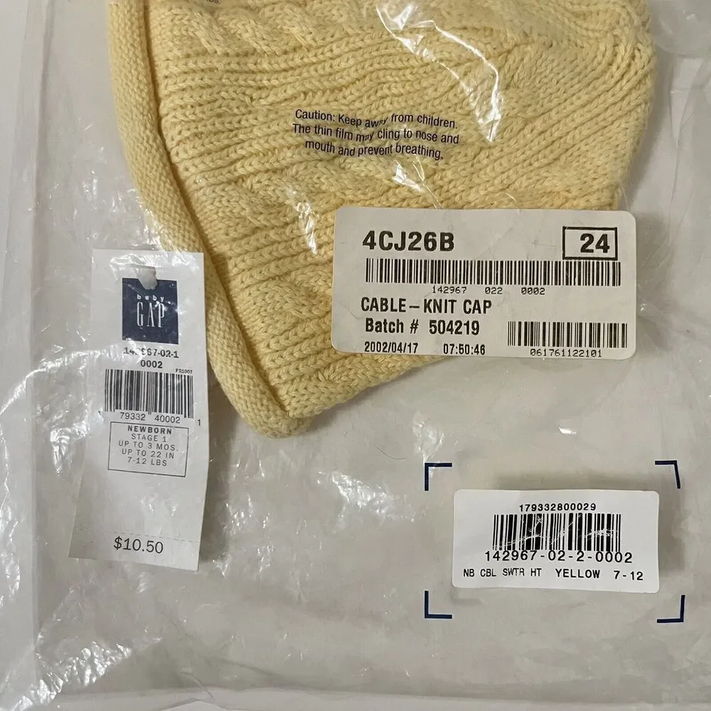 Vintage Baby Gap Yellow Cable Sweater Hat Newborn Stage 1 Up to 3 Months NWT